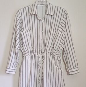 Striped White and Brown Button-Up Jumpsuit with Drawstring Waist